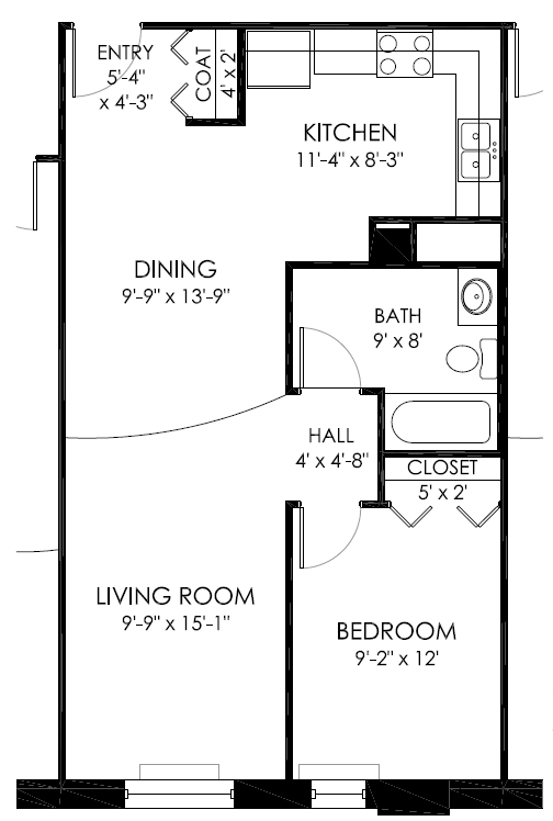 Floor plan for 1 bed, 1 bath, 627 sqft